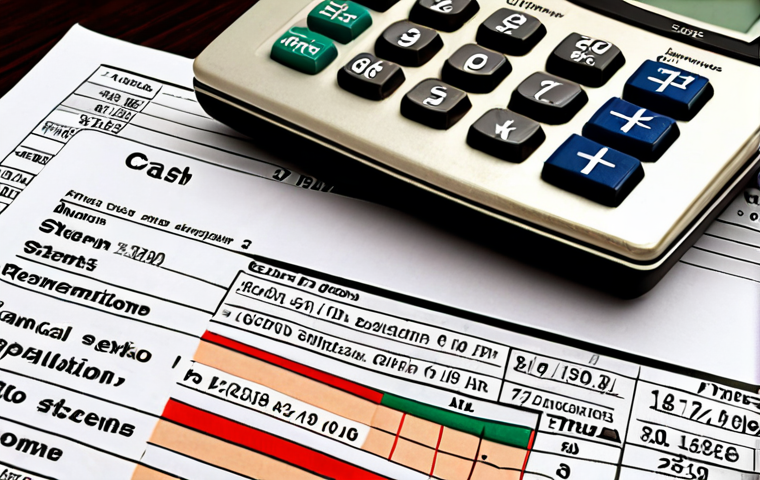 **A detailed financial statement analysis:** Close-up shot of financial documents (balance sheets, income statements, cash flow statements) with magnifying glass and calculator. The image should convey the idea of in-depth scrutiny and financial analysis. Focus on the textures of paper and the precision of the calculations.