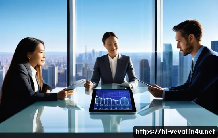 기업가치평가사 평가 방법론 - **Prompt:** A dynamic, high-definition image depicting a diverse group of four business professional...