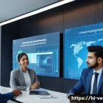 기업가치평가사 미래 산업 분석 - A futuristic office environment showcasing artificial intelligence and machine learning integration:...