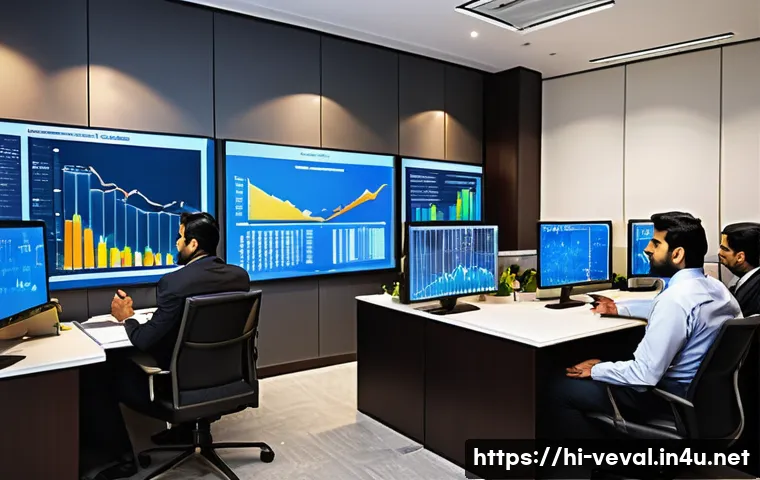 기업가치평가사 업무 노하우 - An intricate professional office setting focused on financial analysis with a diverse group of India...
