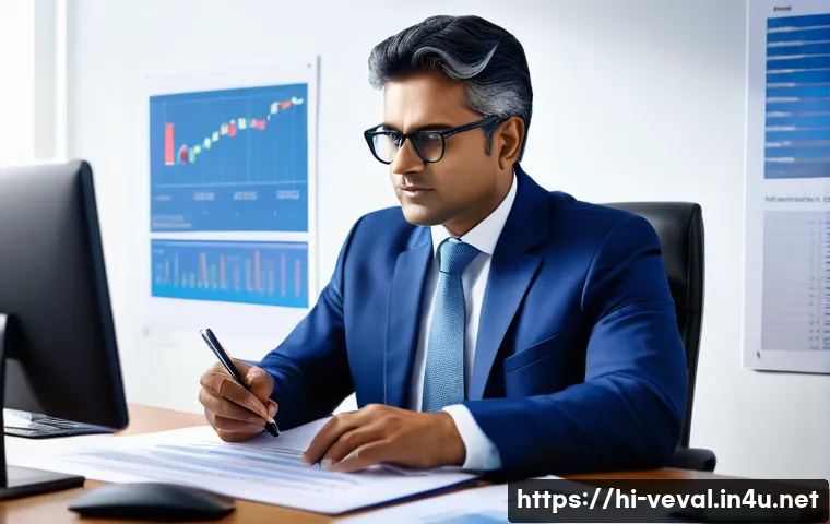 기업가치평가사 주요 업무 분석 - A detailed and professional corporate office scene showing a financial analyst deeply examining mult...